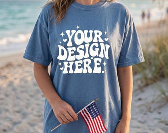Mockup di jeans blu Comfort Colors 1717, mockup di maglietta da spiaggia, mockup di maglietta patriottica, mockup di maglietta oversize JPEG