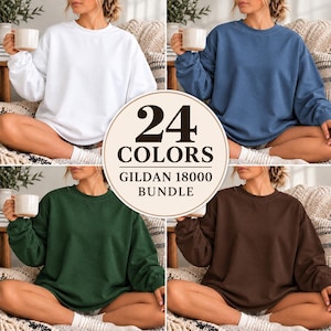 May include: A Gildan 18000 crewneck sweatshirt shown in four different colors: white, blue, dark green, and brown. The text 24 COLORS GILDAN 18000 BUNDLE is centered in a circular overlay. Each sweatshirt features long sleeves and a ribbed collar.