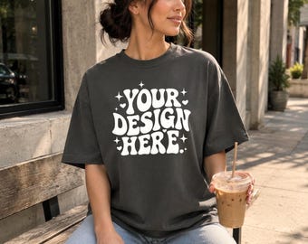 Comfortkleuren 1717 Pepper T-shirtmodel, oversized vintage T-shirtmodel, vrouwelijk streetwear POD-model, digitale download