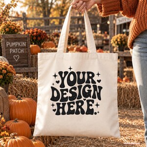 Tote Bag Mockup, Fall Pumpkin Patch Tote Mockup, Natural Canvas Bag Mockup, Autumn Outdoor Lifestyle Mockup, POD Mockup