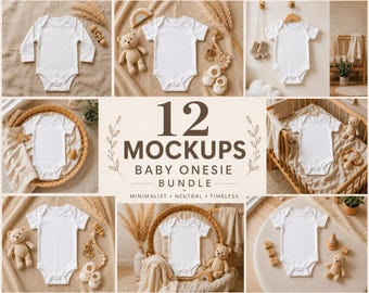 Baby Body Mockup Bundle, 12 Gerber Bodysuit Mockups, Boho Neutral Baby Strampler Mockup, Canva JPG Stock Fotos