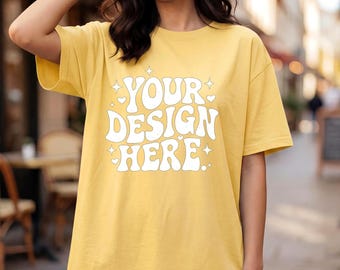 Gildan 5000 madeliefjegeel T-shirtmodel, oversized T-shirtmodel, vrouwelijke levensstijl POD-model, streetwear-shirt JPG, Etsy-model
