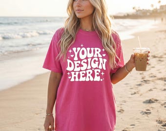 Mockup di maglietta da spiaggia Crunchberry Comfort Colors 1717, Mockup di maglietta estiva da donna C1717, Mockup di maglietta boho costiera
