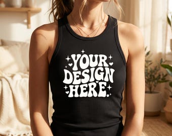 Mockup zwarte geribbelde tanktop, Bella Canvas 1019 Racerback, lifestyle-kleding JPG (digitale download)
