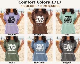 Comfort Colors 1717 mockup-bundel, mockup strandshirt, espressoblauw Jean Moss mint orchidee peper, JPEG-T-shirt mock-ups downloaden
