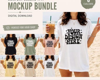 Comfort Colors 1717 Mockup Bundel 6 Kleuren T-shirt Mockup Vrouwelijk Model Strand Lifestyle Oversized Tee Mockup POD Listing