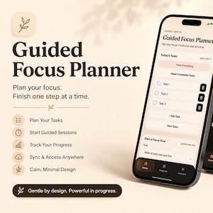 Puede incluir: Dos smartphones que muestran la interfaz de una aplicación "Guided Focus Planner". Uno muestra una lista de tareas, el otro un temporizador. El diseño de la aplicación es minimalista con un tema claro y oscuro. El texto incluye "Planifica tu enfoque. Termina un paso a la vez."