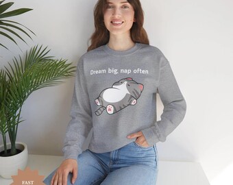 Sudadera con estampado de gato "Sueña en grande, duerme a menudo" – Sudadera cómoda con estampado de gato perezoso