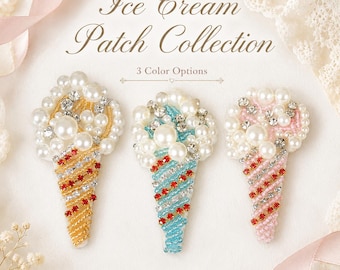 Ice Cream Pearl Beaded Sew On Patch, Handmade Rhinestone Applique, Cute Cone Decor Patch for Dress Bag Jacket DIY Craft