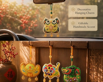Chinese Lucky Embroidered Hanging Charm, Traditional Coin Tassel Bag Car Pendant, 6 Styles Koi Tiger Yuanbao New Year Fortune Gift