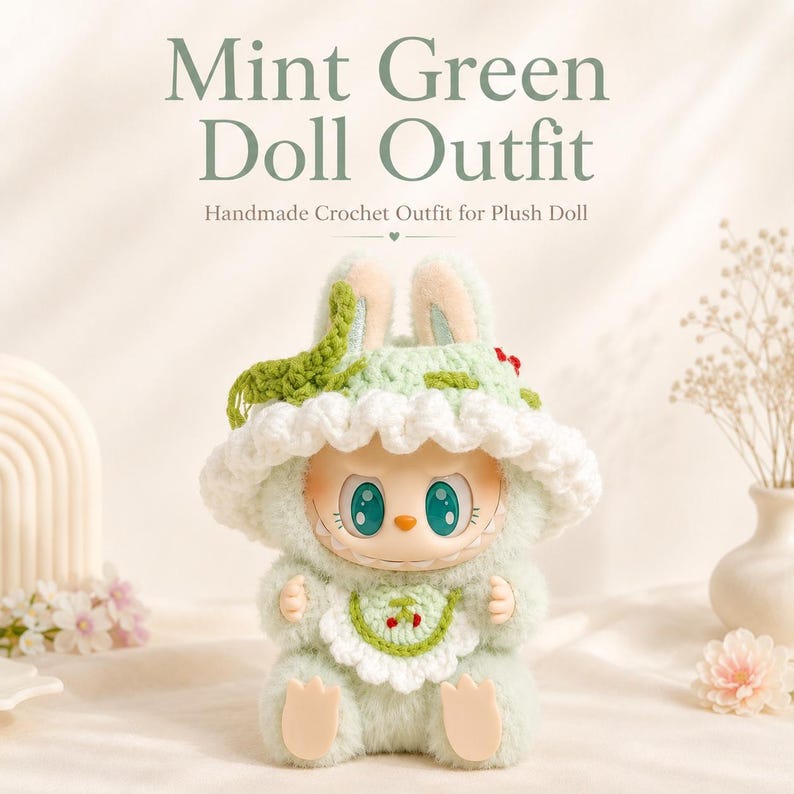 May include: A plush doll wearing a mint green crochet outfit, including a wide-brimmed hat with white trim and a bib featuring a small cherry graphic. The doll has large teal eyes, a small orange nose, and a wide grin. Text reads Mint Green Doll Outfit.