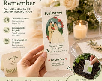 Custom Plantable Seed Wedding Favor Cards Set of 40, Personalized Cartoon Couple Eco Seed Paper Invites, Wildflower Plantable Wedding Thank