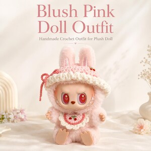 May include: A plush doll wearing a blush pink handmade crochet outfit, including a bunny-eared hat with a cream-colored brim and a matching bib featuring a small cherry motif. The text "Blush Pink Doll Outfit" and "Handmade Crochet Outfit for Plush Doll" is visible.