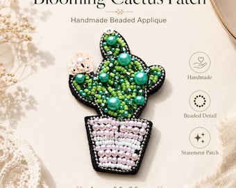 Coastal Tropical Beaded Sew On Patch Set, Handmade Pearl Bead Applique Cactus Seahorse Whale Palm Tree for Jacket Bag DIY Craft