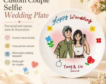Custom Cartoon Couple Ceramic Plate, Personalized Wedding Keepsake Dish with Names Date, Custom Portrait Pet Wedding Gift
