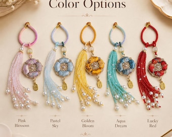 Chinese Floral Tassel Bag Charm, Handmade Silk Flower Pearl Keychain, Lucky Gold Tag Purse Accessory 5 Color Options Gift for Women