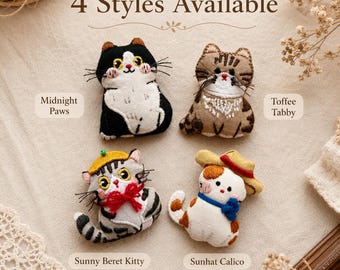 Handmade Fabric Cat Brooch, Cute Embroidered Kitty Lapel Pin, 4 Styles Soft Cloth Pin for Sweater Coat Bag Gift for Cat Lovers