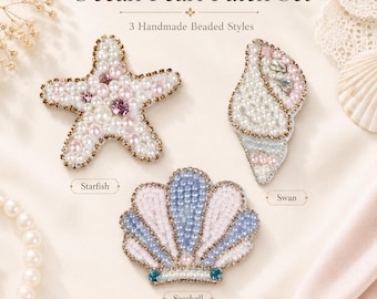 Ocean Pearl Beaded Iron On Patch Set, Handmade Rhinestone Applique Starfish Seashell Swan for Skirt Jacket Bag DIY Decor