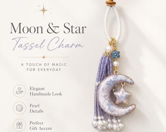 Moon Star Tassel Bag Charm, Purple Pearl Handmade Keychain, Celestial Crescent Pendant Accessory for Purse Backpack Keys Women Gift