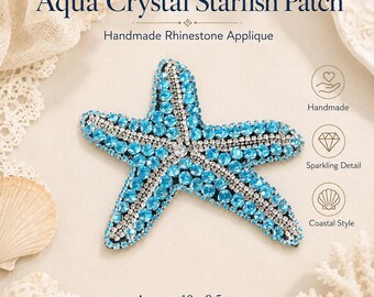 Crystal Rhinestone Starfish Sew On Patch, Sparkly Handmade Coastal Applique, 4 Color Glitter Patch for Jacket Bag Dress DIY Craft