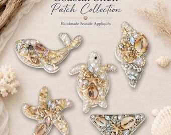 Coastal Seashell Sew On Patch Set, Handmade Pearl Shell Rhinestone Applique, Turtle Starfish Whale Conch for Bag Jacket DIY Craft