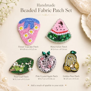 5Pcs Fruit Dessert Beaded Sew On Patch Set, Handmade Crystal Rhinestone Applique Watermelon Apple Pear Cupcake Leaf for Jacket Bag DIY Craft