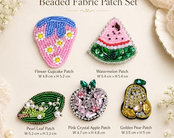 5Pcs Fruit Dessert Beaded Sew On Patch Set, Handmade Crystal Rhinestone Applique Watermelon Apple Pear Cupcake Leaf for Jacket Bag DIY Craft