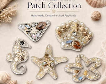Coastal Seashell Sew On Patch Set, Handmade Pearl Shell Rhinestone Applique, Turtle Starfish Whale Conch for Bag Jacket DIY Craft