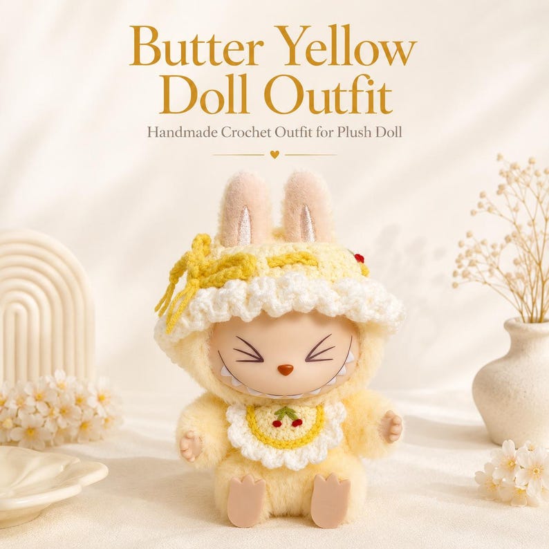 May include: A plush doll wearing a butter yellow crochet outfit consisting of a bonnet with a yellow bow and a scalloped white trim, and a matching bib featuring a small red cherry graphic. The text Butter Yellow Doll Outfit Handmade Crochet Outfit for Plush Doll is visible above the doll.
