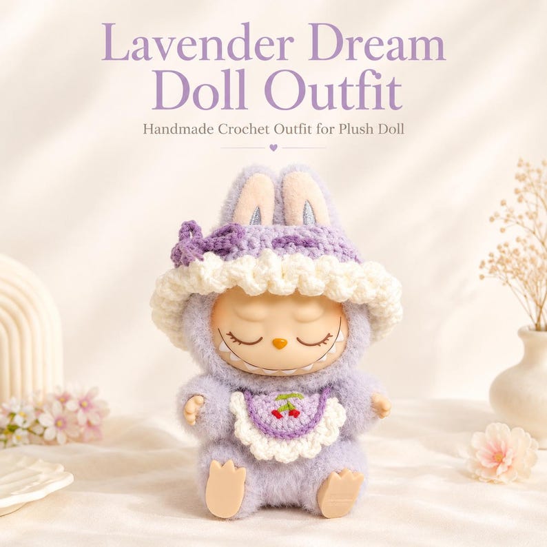 May include: A plush doll wearing a lavender crochet hooded outfit with a white ruffled trim, a purple bow, and a small bib featuring a cherry motif. The text Lavender Dream Doll Outfit and Handmade Crochet Outfit for Plush Doll is visible.
