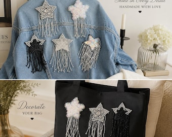 5Pcs Star Tassel Beaded Sew On Patch Set, Handmade Crystal Sequin Rhinestone Shooting Star Applique for Denim Jacket Bag DIY Craft