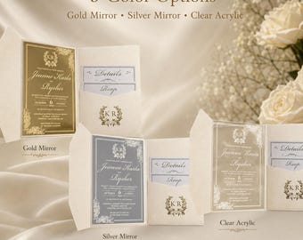 Custom Mirror Acrylic Wedding Invitation Suite, Luxury Pocket Folder Invites, Personalized Gold Silver Clear Acrylic Wedding Cards