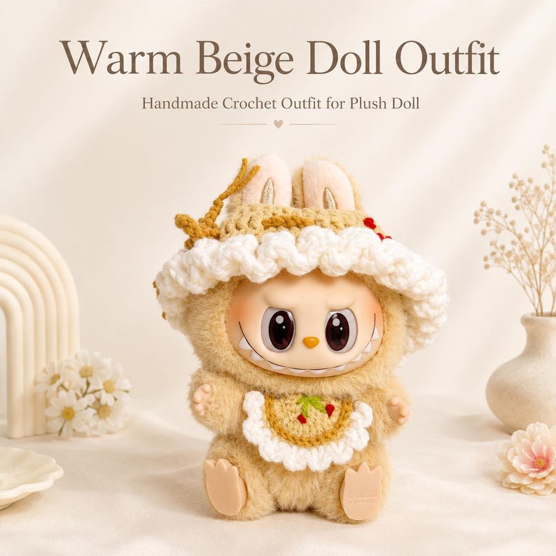 May include: A plush doll wearing a handmade crochet outfit consisting of a beige hat with a white ruffled brim and a matching beige bib with a small strawberry motif. The doll has large dark eyes, a wide grin with visible teeth, and beige fur.