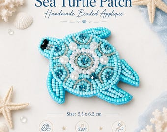 6Pcs Blue Ocean Beaded Sew On Patch Set, Handmade Pearl Rhinestone Marine Applique Turtle Dolphin Seahorse Jellyfish Starfish Shell