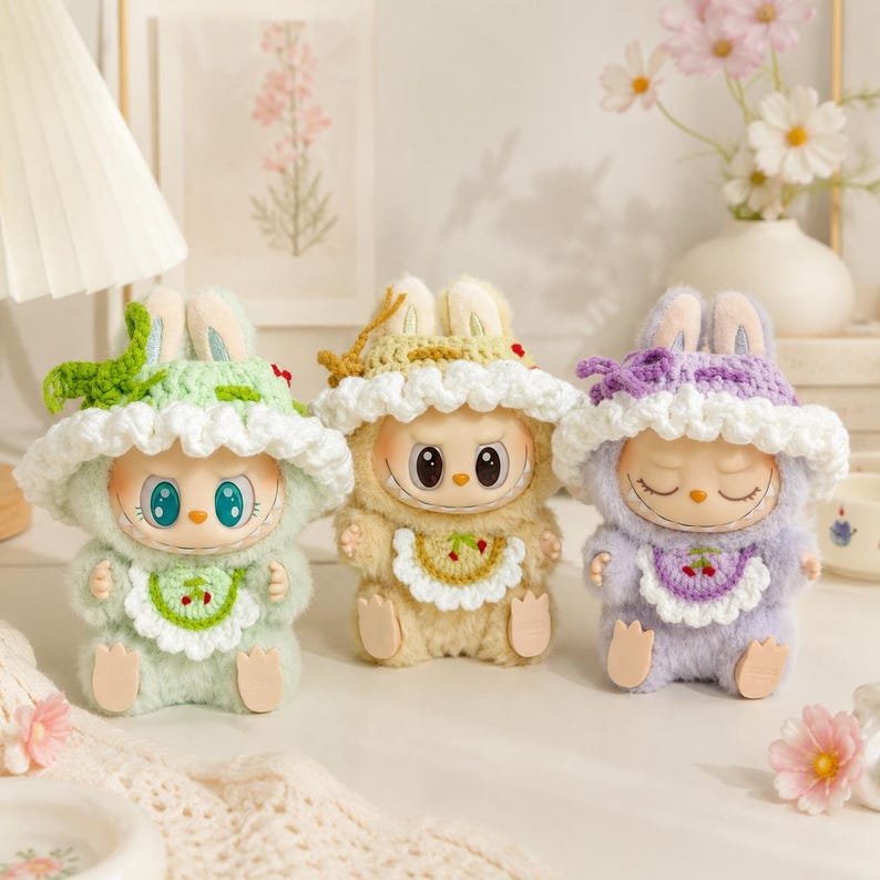 May include: Three plush rabbit figurines wearing crocheted hats and bibs. The left rabbit is light green, the center is tan, and the right is light purple. Each figure has large eyes, a wide grin, and a white ruffled trim on its hat and bib.