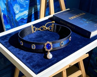 Royal Blue Cat Collar with Pearl Charm, Luxury Pet Necklace for Cats & Small Dogs, Sapphire Rhinestone Adjustable Collar