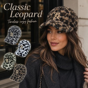 Fuzzy Leopard Baseballkappe für Frauen, Gemütliche Wintermütze mit Strass Buchstabe R, Plüsch Dad Hut, Trendy Herbst Accessoire, Geschenk für Sie