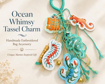 Ocean Marine Life Embroidered Tassel Bag Charm, Handmade Sea Creature Pendant Keychain with Bells Unique Beach Gift for Her