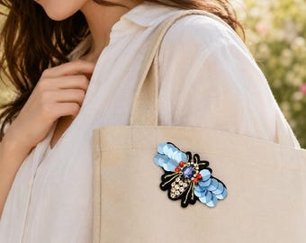 3Pcs Sequins Crystal Bee Sew On Patch Set, Handmade Rhinestone Applique, Gold Blue Mini Bee Decor Patch for Jacket Bag DIY Craft
