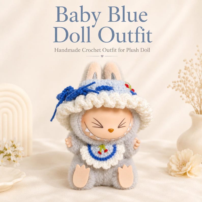 May include: A plush doll wearing a handmade crochet outfit consisting of a light blue hat with a white ruffled brim and a dark blue bow, and a matching light blue bib with a small cherry motif. The text Baby Blue Doll Outfit is visible.