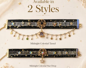 Celestial Pet Collar Necklace, Black Star Cat Collar with Gold Charms, Adjustable Fancy Collar for Cats & Small Dogs
