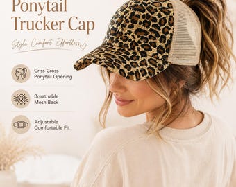 Leopard Print Ponytail Trucker Cap, High Messy Bun Baseball Hat, 3 Colors, Adjustable Mesh Back