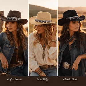11 Farben Boho Tribal Band Filz Cowboyhut für Frauen, Western Cowgirl Fedora Hut, Country Konzert Rodeo Hut