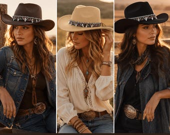 11 Colors Boho Tribal Band Wide Brim Felt Cowboy Hat for Women, Western Cowgirl Fedora Hat, Country Concert Rodeo Hat