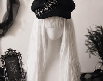 Gothic Spike Chain Beret, Black Fabric, Edgy Alternative Fashion Newsboy Cap