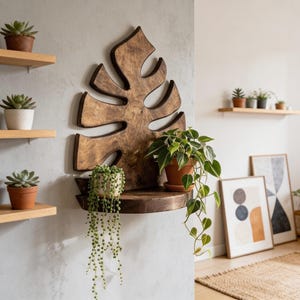 Peut inclure: Étagère en bois en forme de feuille de monstera, de couleur brun foncé, fixée à un mur gris clair. L'étagère accueille des plantes en pot, dont des succulentes et des plantes retombantes. D'autres étagères en bois avec des plantes sont visibles.