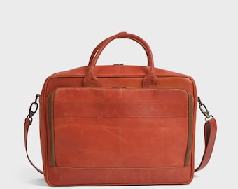 Tan Leather Laptop Bag | 15.6-16 Inch Briefcase, Cowhide Crazy Horse Finish