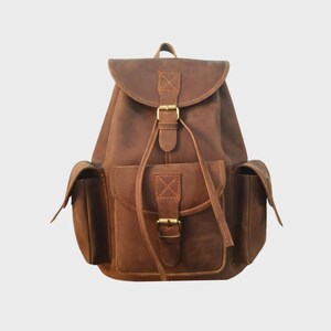 vintage Sac à dos en cuir marron foncé fait main pleine fleur avec cordon de serrage