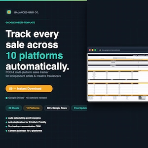 May include: A digital product advertisement for a Google Sheets template. The graphic features the text "Track every sale across 10 platforms automatically." The template is designed for independent artists and creative freelancers. The image also shows a spreadsheet interface.