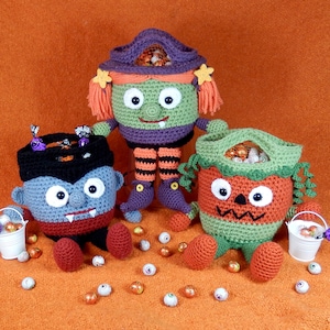 Trick or Treat Bags Vampire, Witch and Pumpkin, Bucket Heads Amigurumi Crochet Pattern image 2